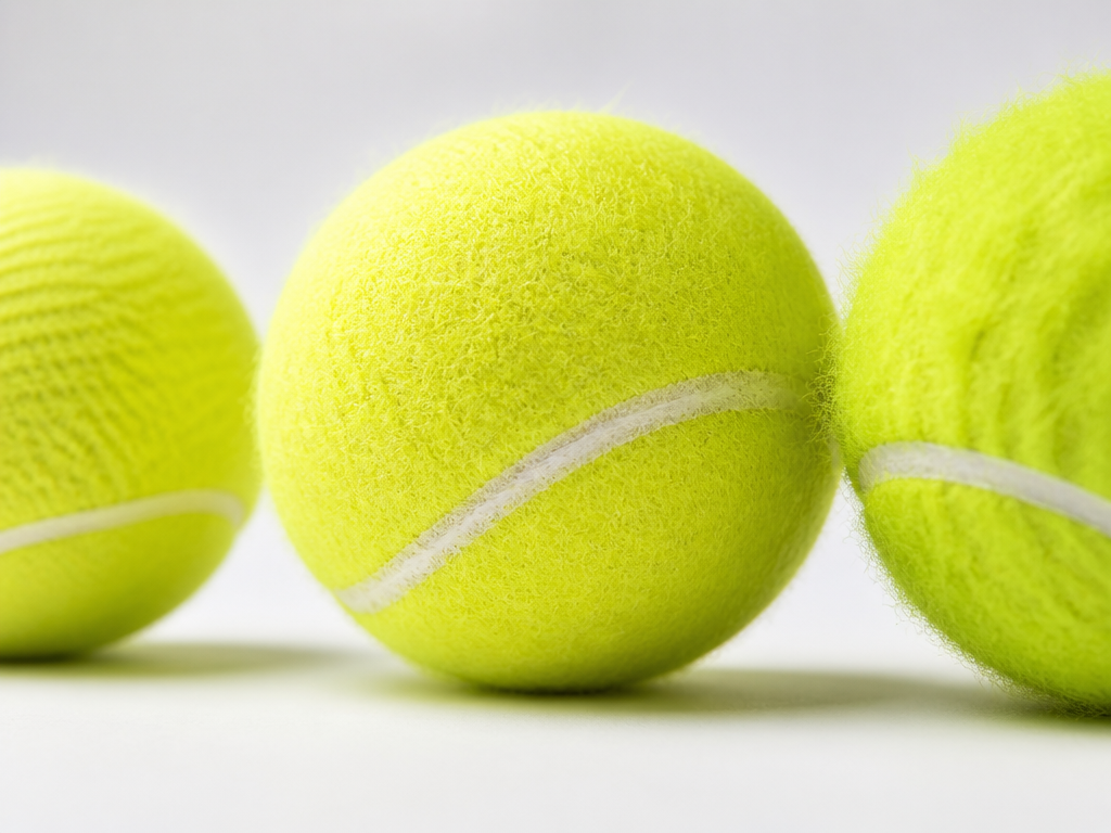 Extreme close-up macro photograph of three tennis balls arranged in a row on a…