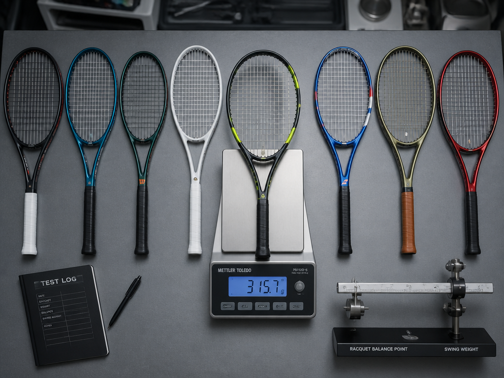 Close-up overhead studio shot of eight tennis racquet frames arranged in a neat row…