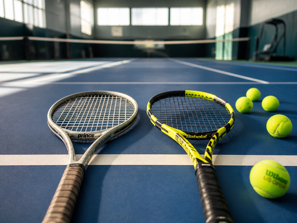 A pristine indoor tennis court photographed in crisp natural light streaming through high windows…