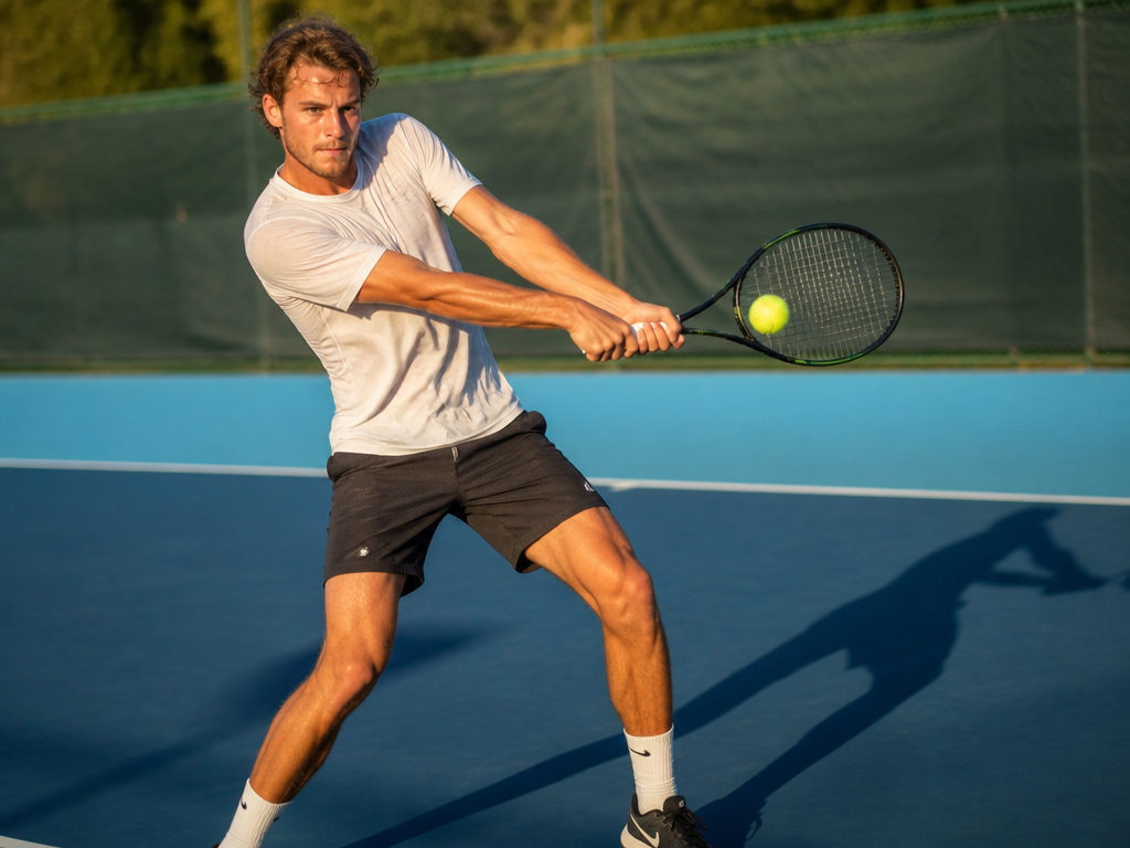A photorealistic action photograph of a tennis player on a sunlit outdoor hard court…