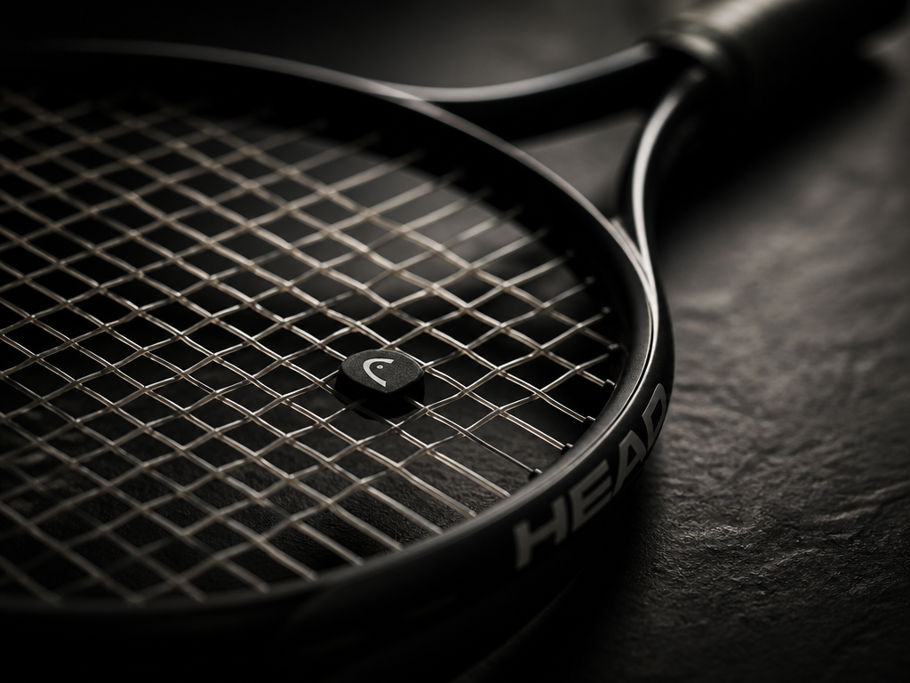A close-up photorealistic studio shot of a tennis racquet lying on a dark slate…