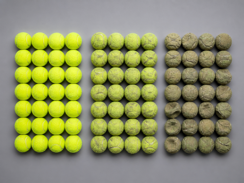 A photorealistic overhead flat-lay of dozens of used tennis balls neatly sorted into three…