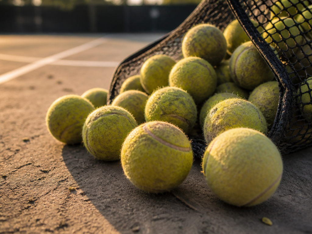 A photorealistic close-up of a large open mesh bag overflowing with worn yellow-green used…