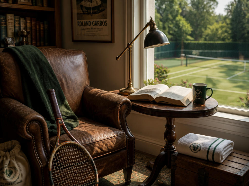 A cozy reading nook beside a tall window overlooking a sunlit tennis court, an…