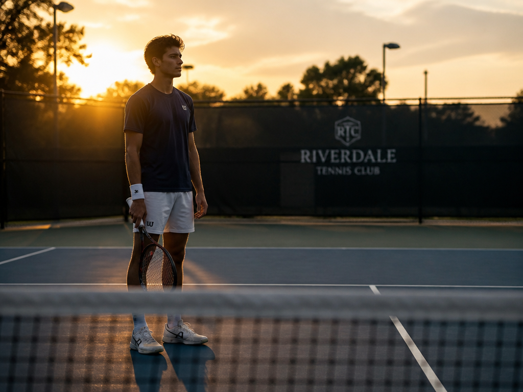 An intimate environmental portrait of a club tennis player standing alone at the baseline…