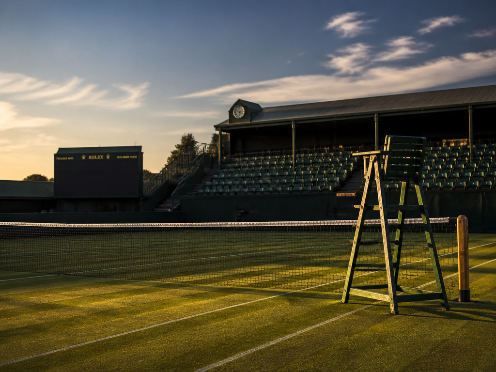 A wide, atmospheric photograph of an empty grass tennis court at golden hour, the…