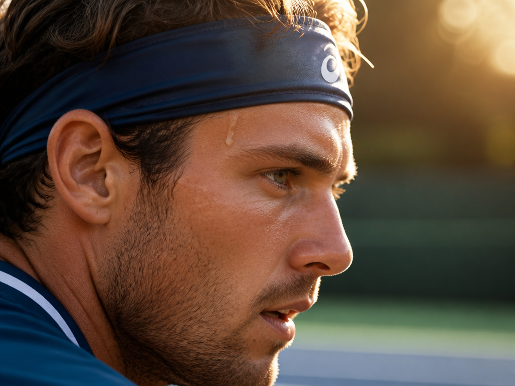 Tightly cropped profile portrait of a focused male tennis player mid-match on an outdoor…
