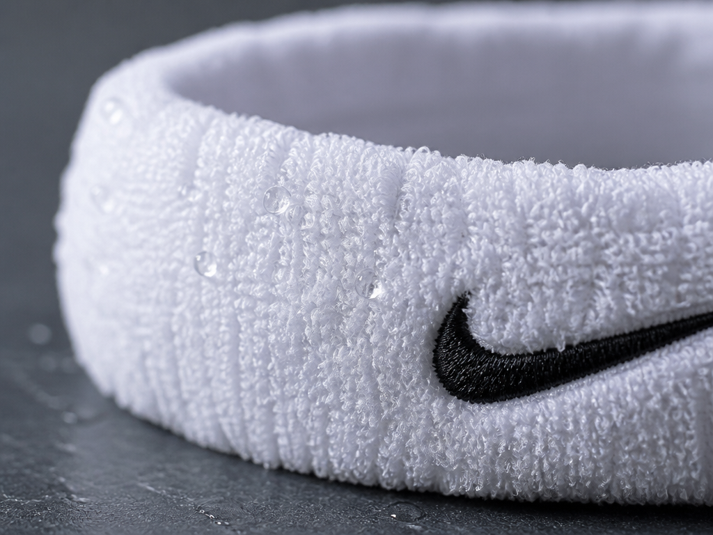 Extreme close-up macro photograph of a thick white cotton-terry tennis headband resting on a…