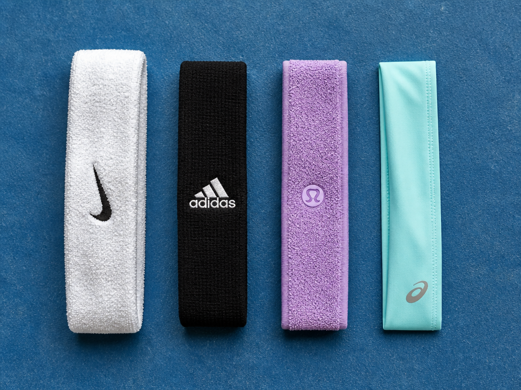 Flat-lay overhead photograph of four different tennis headbands arranged in a neat row on…