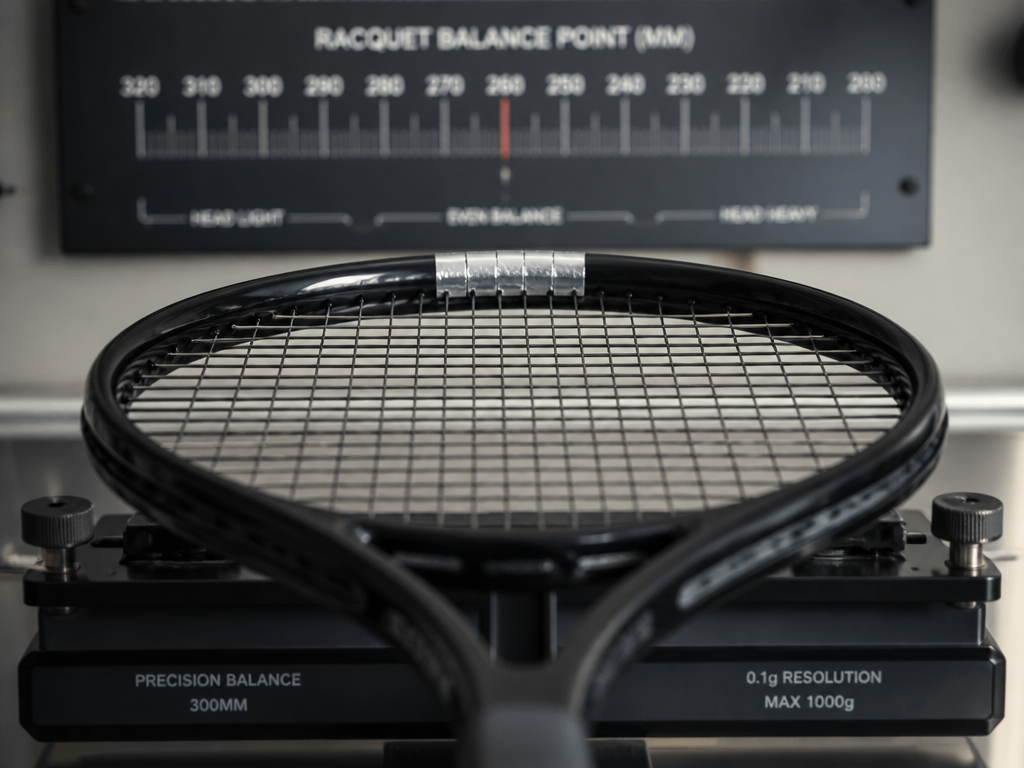 Close-up macro photograph on a tennis stringing bench, a single black tennis racquet laid…