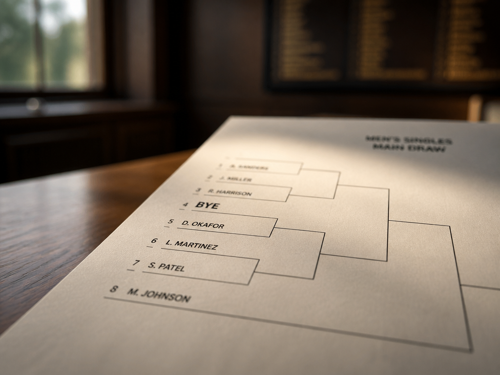 A close-up photorealistic photograph of a printed tennis tournament draw sheet resting on a…
