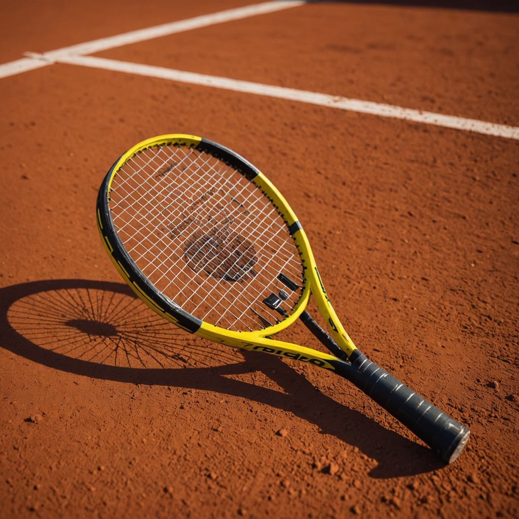 Extreme close-up macro photograph of a yellow and black Babolat tennis racquet head resting…