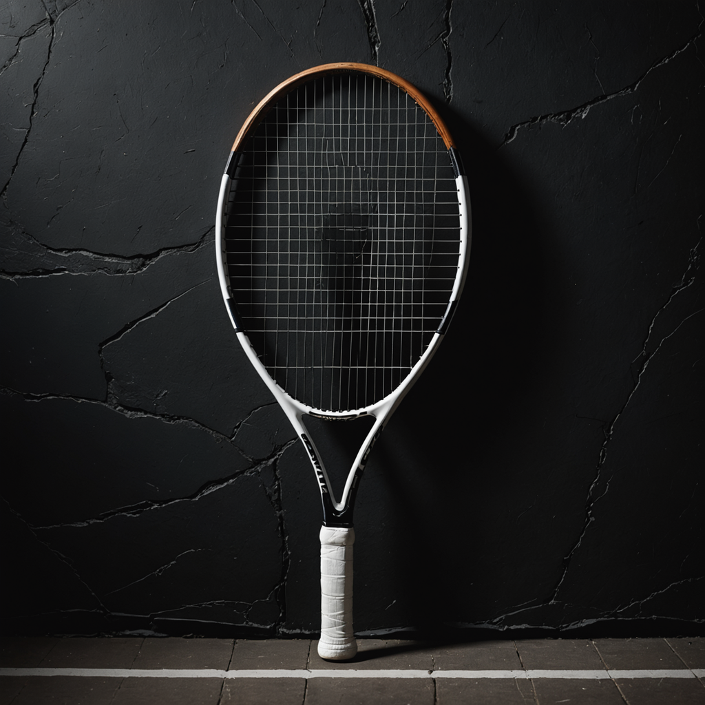 Moody low-key studio photograph of a single tennis racquet leaning against a dark textured…
