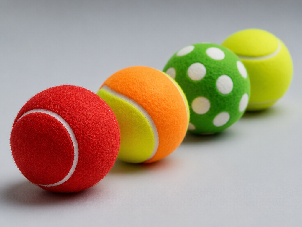 A close-up product still-life photograph of four tennis balls arranged in a neat row…