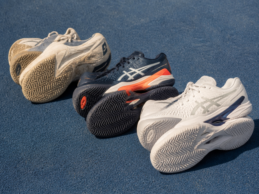 Overhead flat-lay photograph on a textured blue hard tennis court surface, three pairs of…