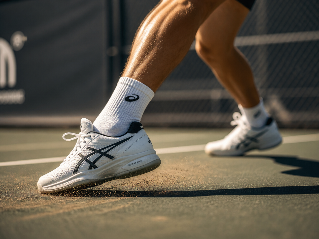 Low-angle action photograph capturing the feet and lower legs of a tennis player mid…