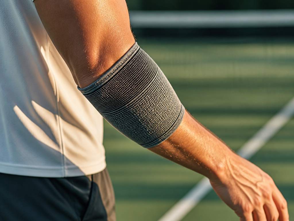 Close-up photorealistic photograph of a middle-aged man's bare right arm and elbow on a…
