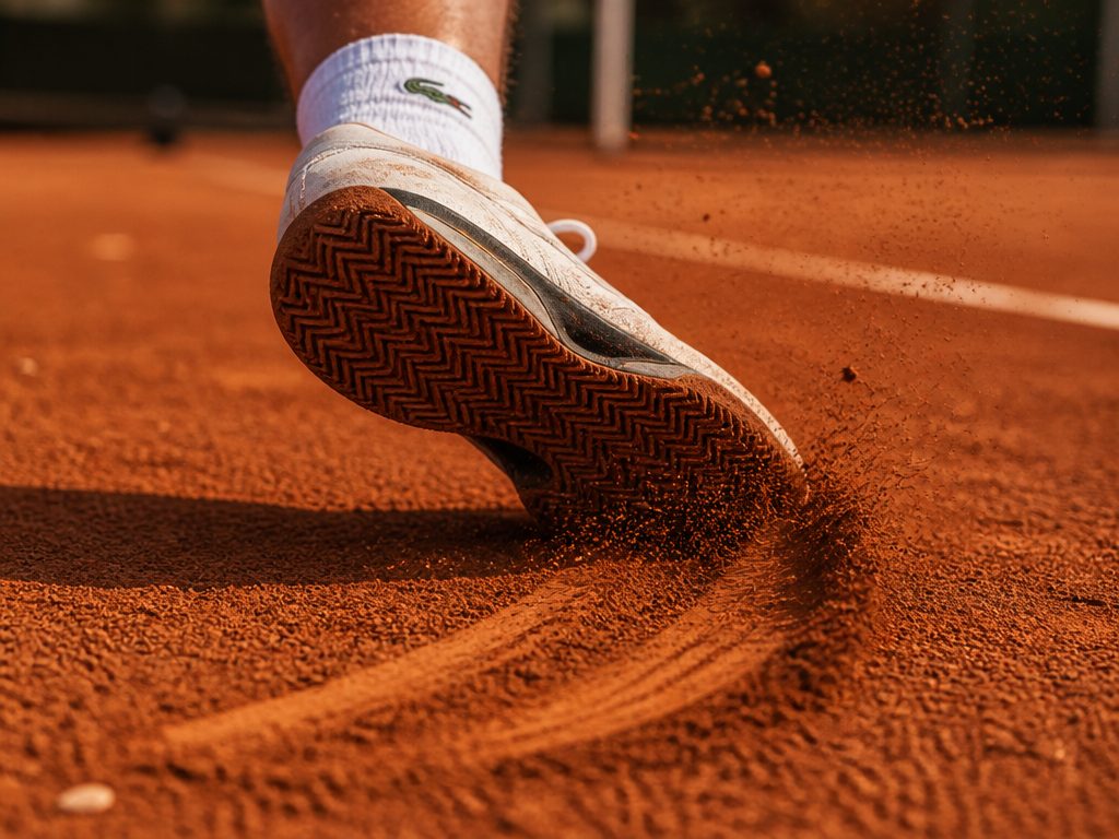 Close-up, low-angle photograph on European red clay tennis court: a single tennis shoe mid-slide…