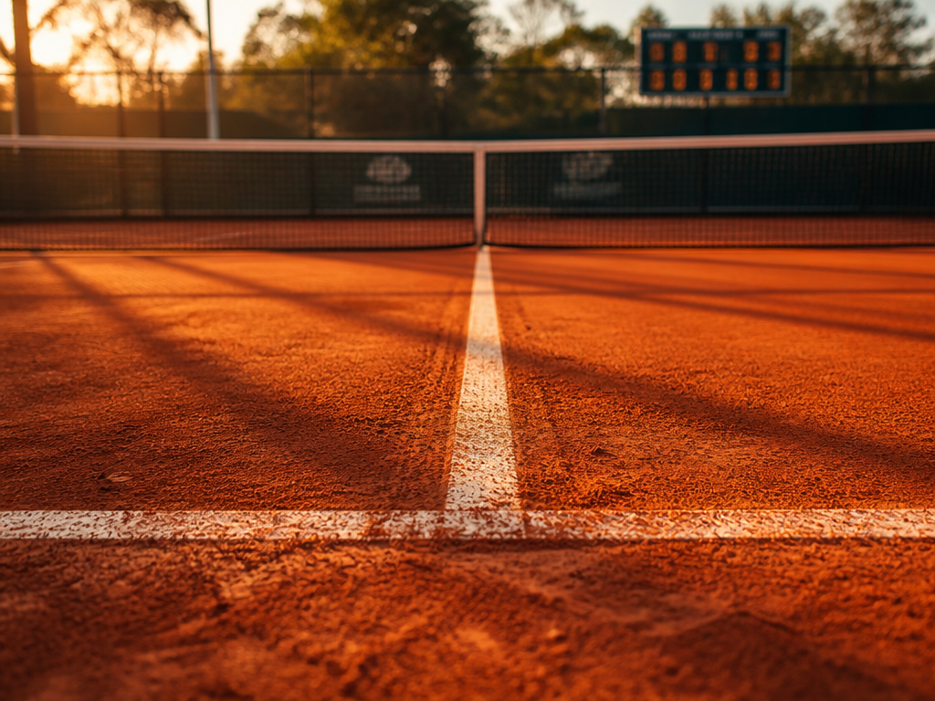 A low-angle photorealistic photograph of an empty clay tennis court at golden hour, focused…