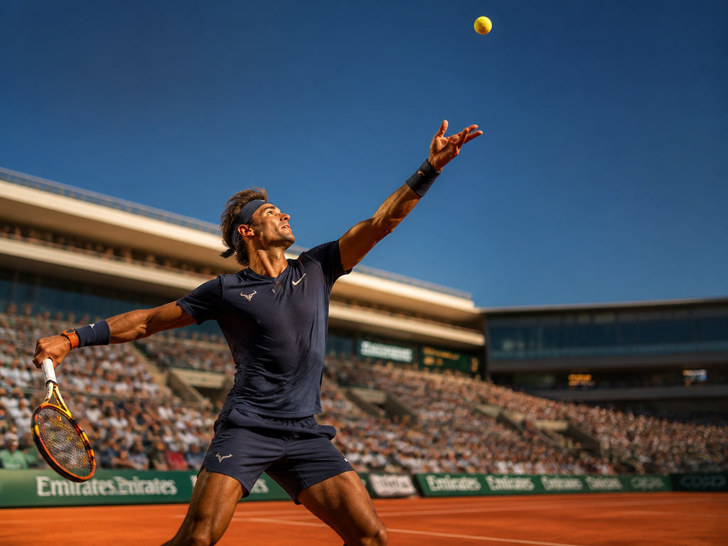 A dramatic low-angle photograph of a professional tennis player at the exact moment of…