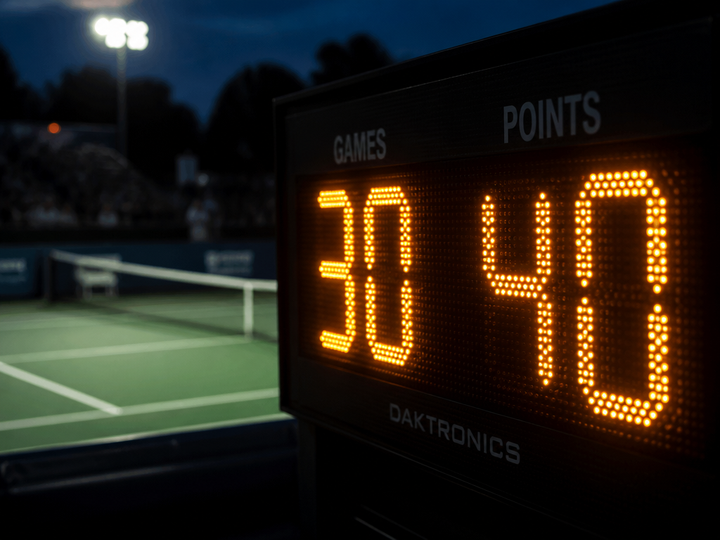 A close-up courtside photograph of an illuminated electronic scoreboard reading 30-40, the glowing amber…