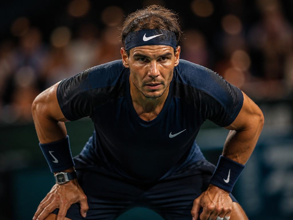 An intimate tight portrait of a tennis player crouched at the baseline in a…