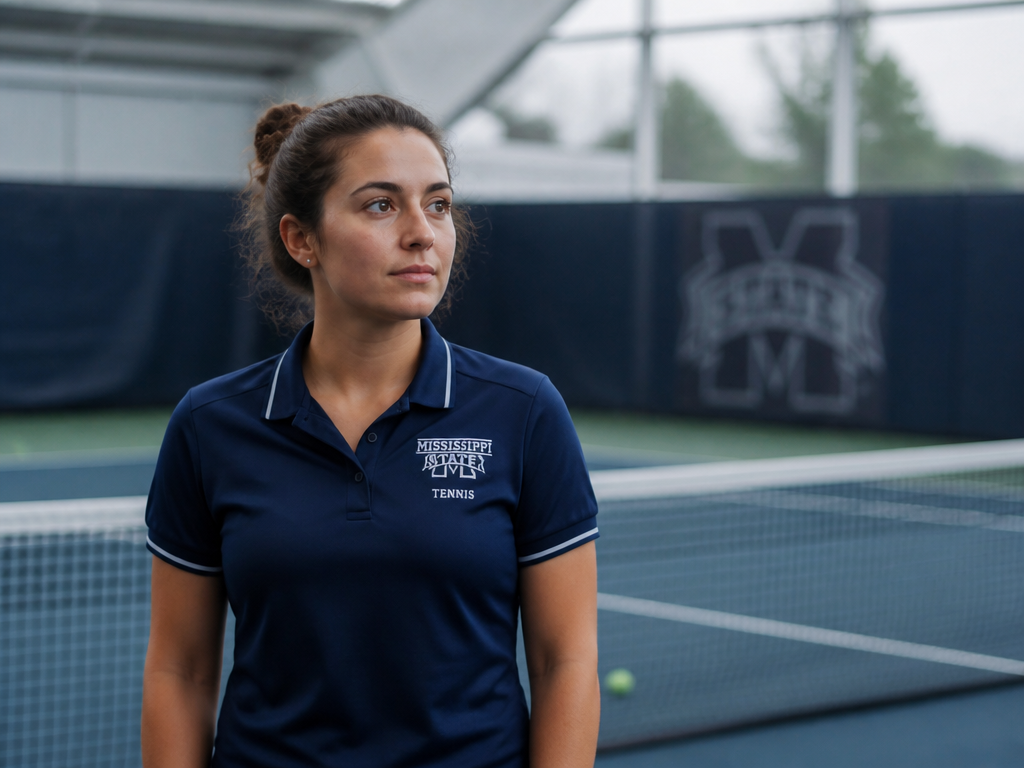 A medium portrait of a young female tennis coach in a navy athletic polo…