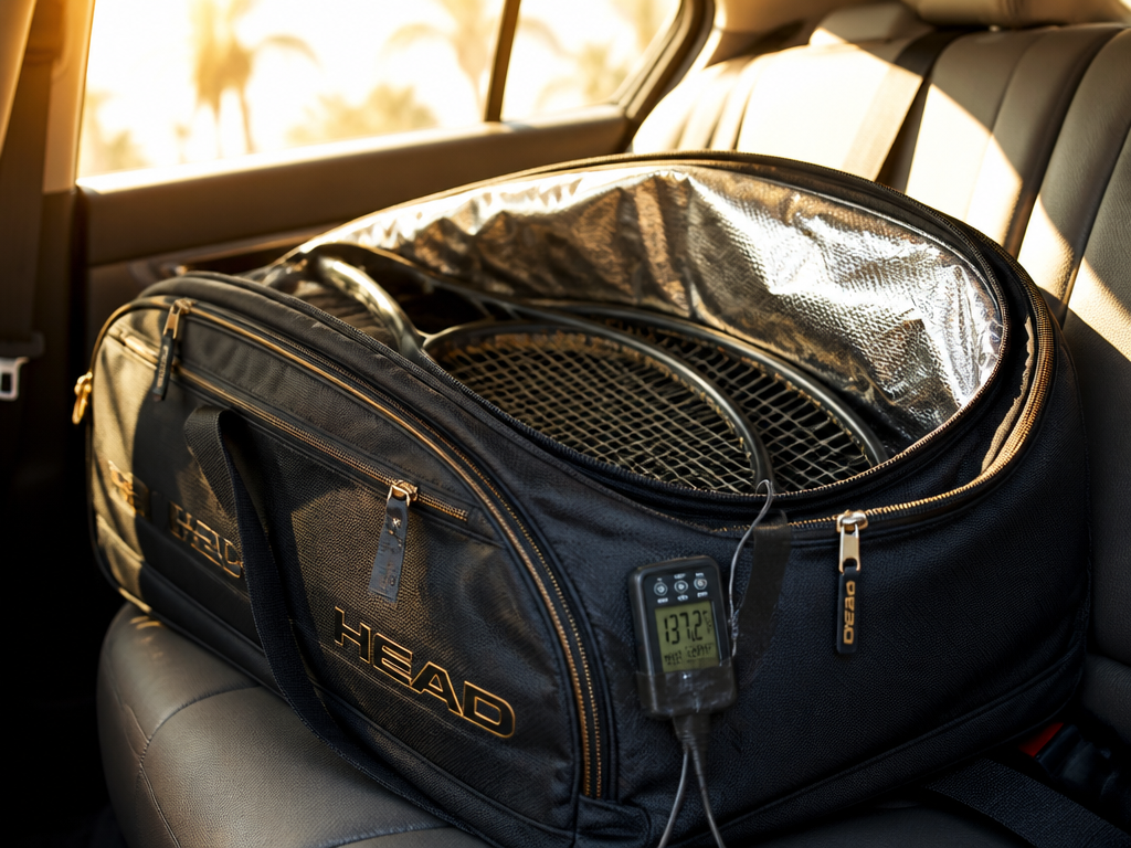 A photorealistic close-up product shot of a large premium 12-racquet sports bag resting on…
