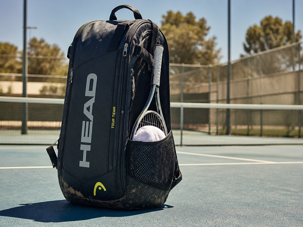 A photorealistic outdoor scene on a sunlit hardcourt tennis facility at midday, a large…