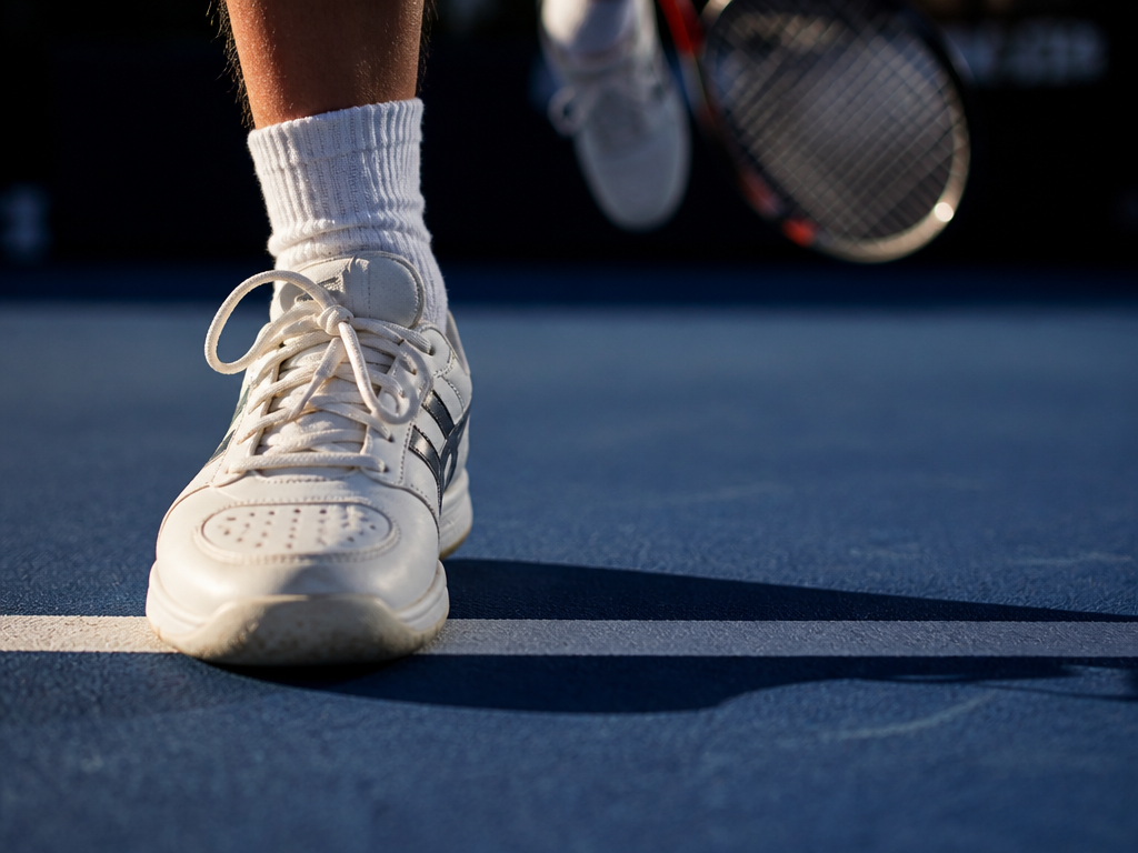 Extreme close-up photograph of a tennis player's front foot at the baseline during a…