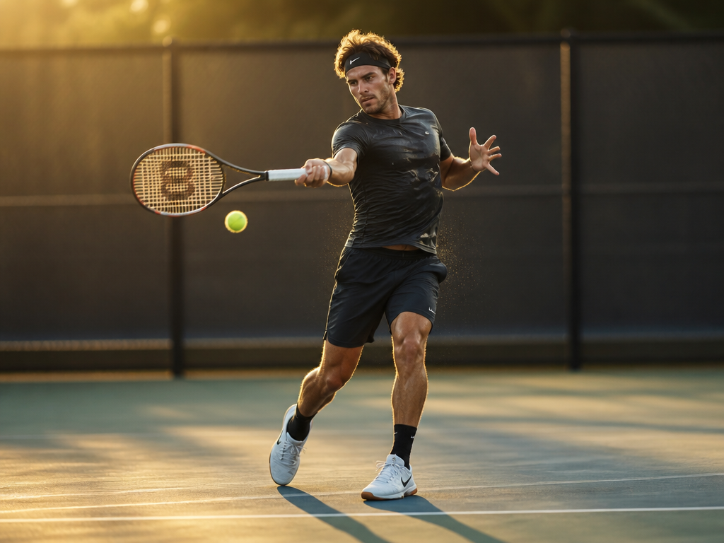 A lone tennis player mid-forehand on an empty outdoor hardcourt at golden hour, captured…