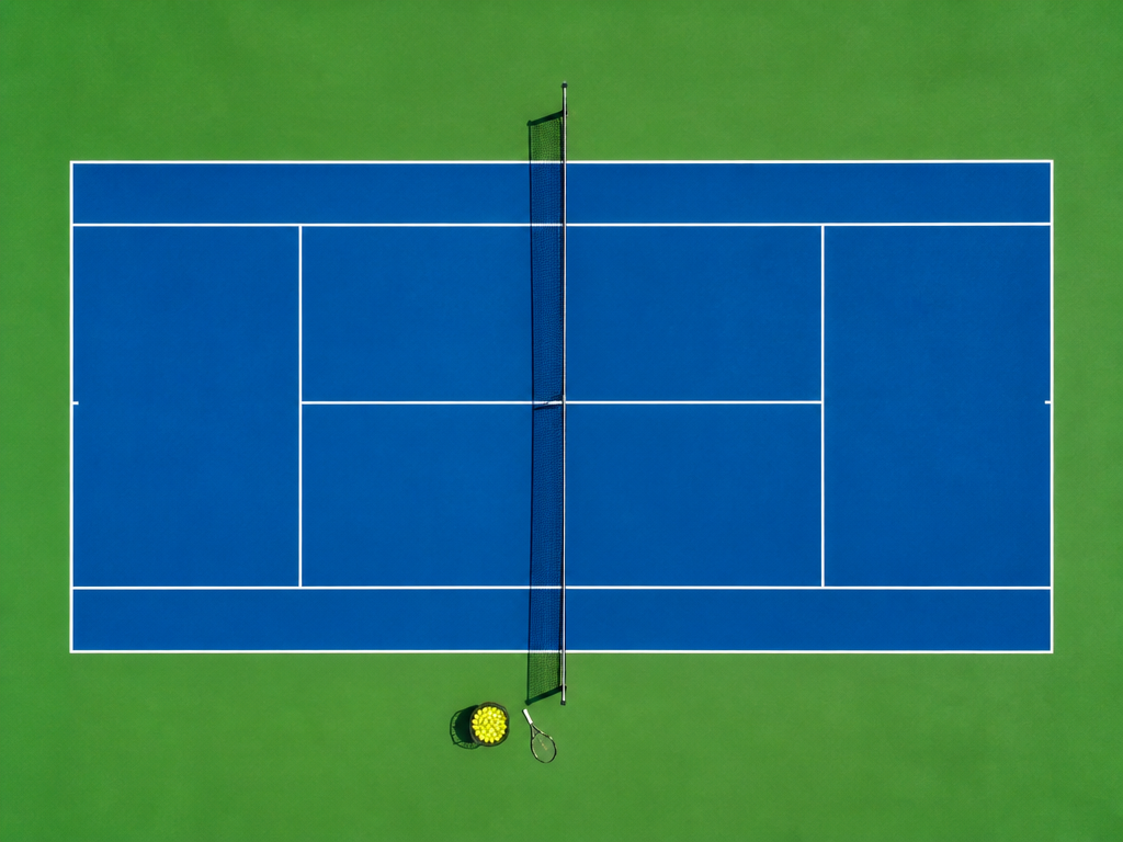 An overhead flat-lay of a tennis court viewed from directly above at midday, an…