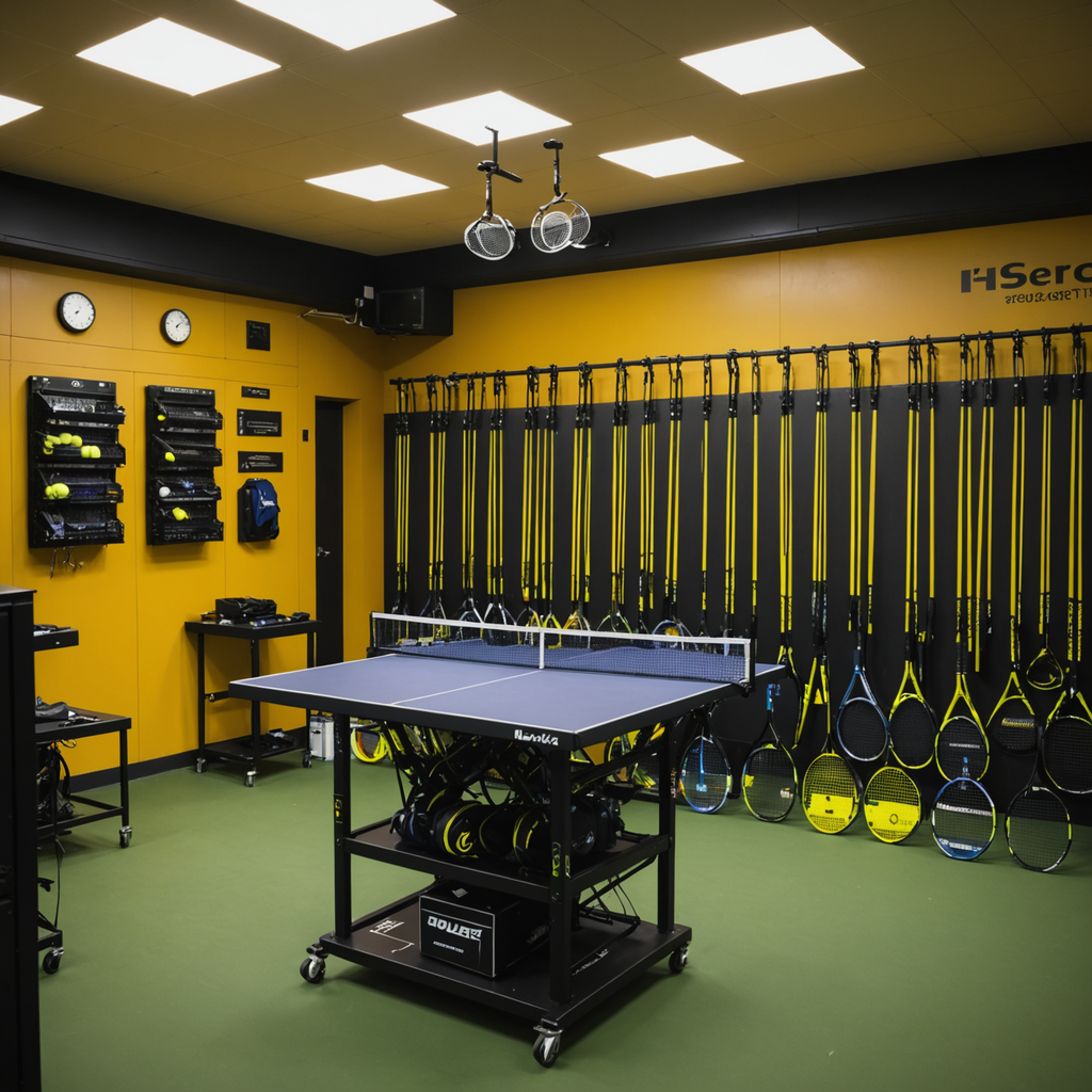 Wide-angle photograph of an empty professional tennis stringer's room at a Grand Slam tournament…