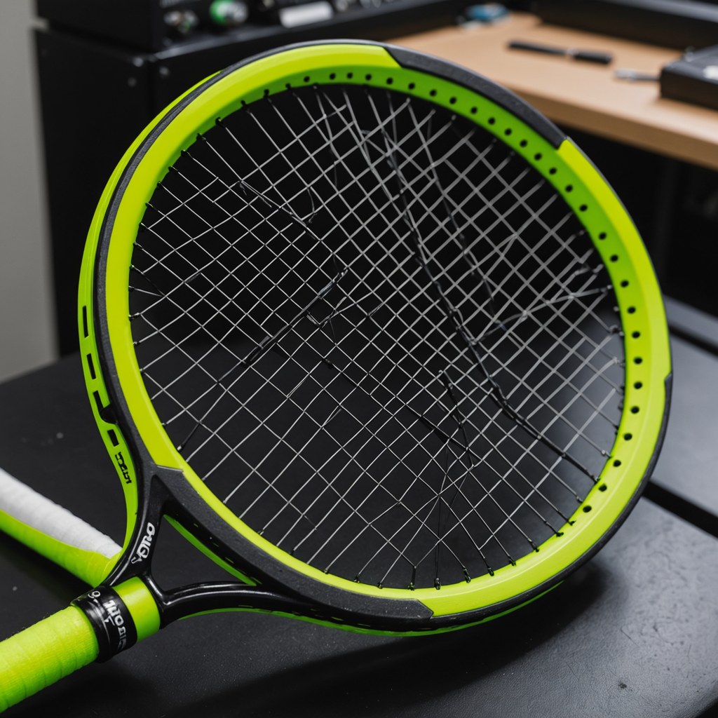 Close-up macro photograph of a black and neon-green professional tennis racquet resting on a…
