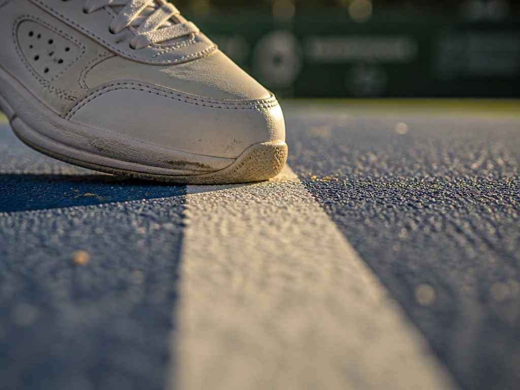 Extreme close-up, low-angle photograph of a tennis player's white sneaker pressing precisely on the…