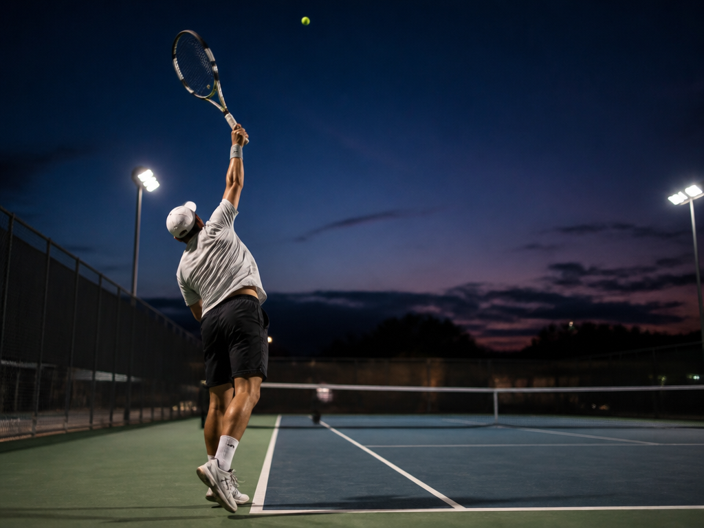 Wide cinematic photograph of a solitary tennis player mid-serve on a public outdoor court…