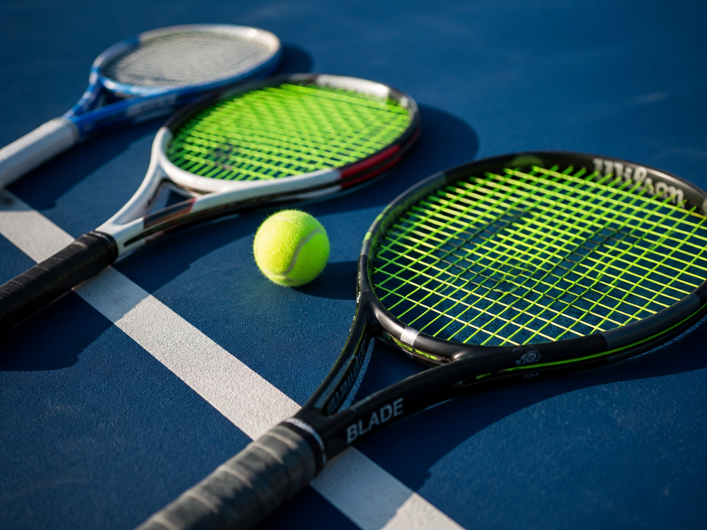 A photorealistic close-up of three distinct tennis racquets laid side by side on a…