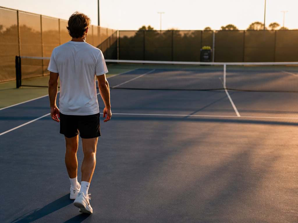 A photorealistic wide shot of a lone tennis player mid-stride on a sunlit hard…