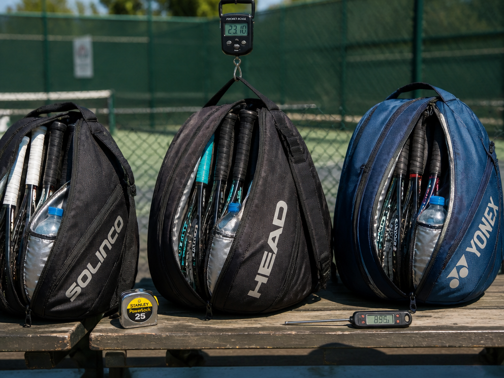 Three premium tennis racquet bags arranged side by side on a weathered hardcourt bench…