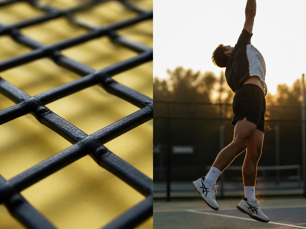Extreme close-up macro photograph of a black co-polyester tennis string woven tightly across a…