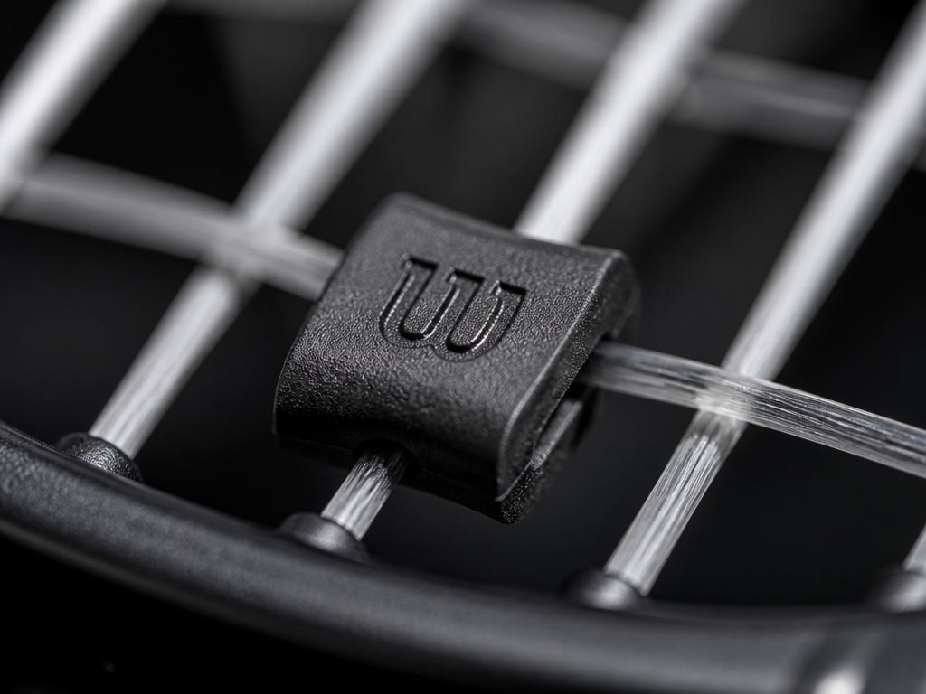 Extreme macro photograph of a small black rubber vibration dampener woven into the lower…