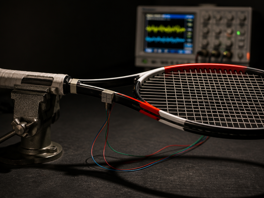 Studio still-life of a tennis racquet clamped horizontally at the handle in a metal…