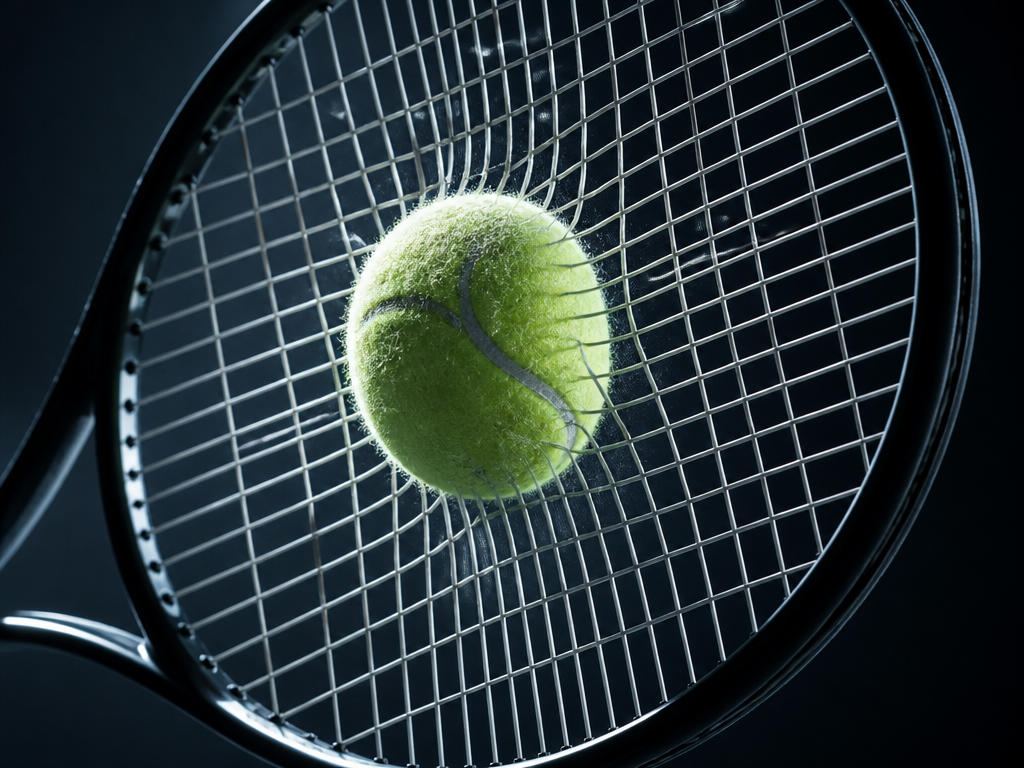 A tennis ball frozen mid-impact against the center of a racquet's string bed, captured…