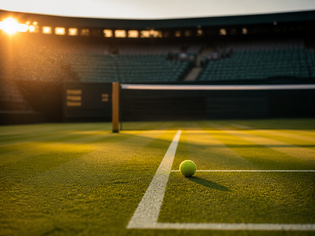 A pristine grass tennis court at golden hour, photographed from a low angle with…