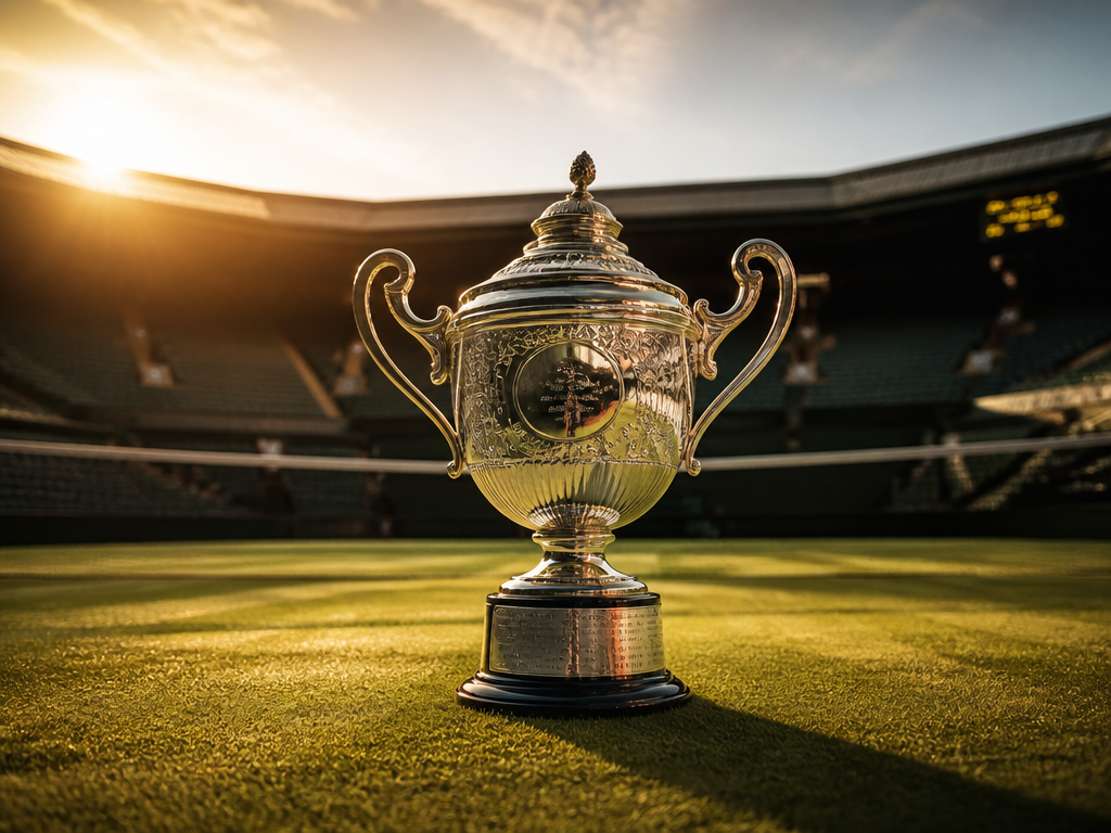 A dramatic low-angle photograph of a single gleaming silver tennis trophy resting at center…