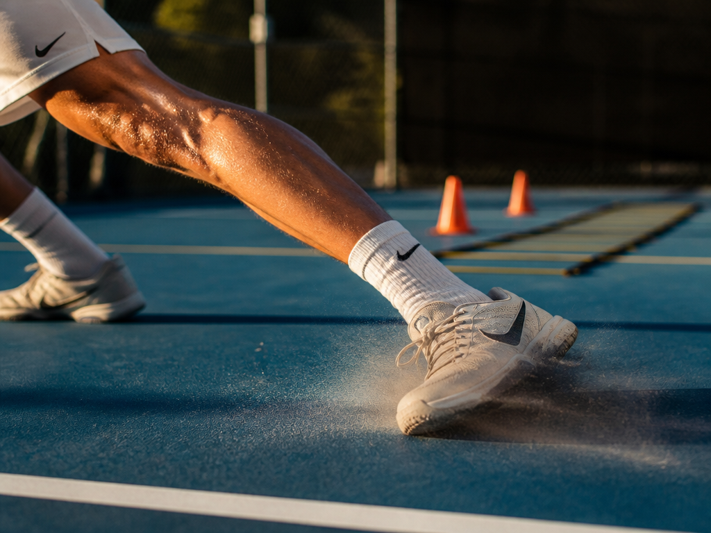 A close-up, low-angle photograph of a tennis player's outside leg planting hard to stop…