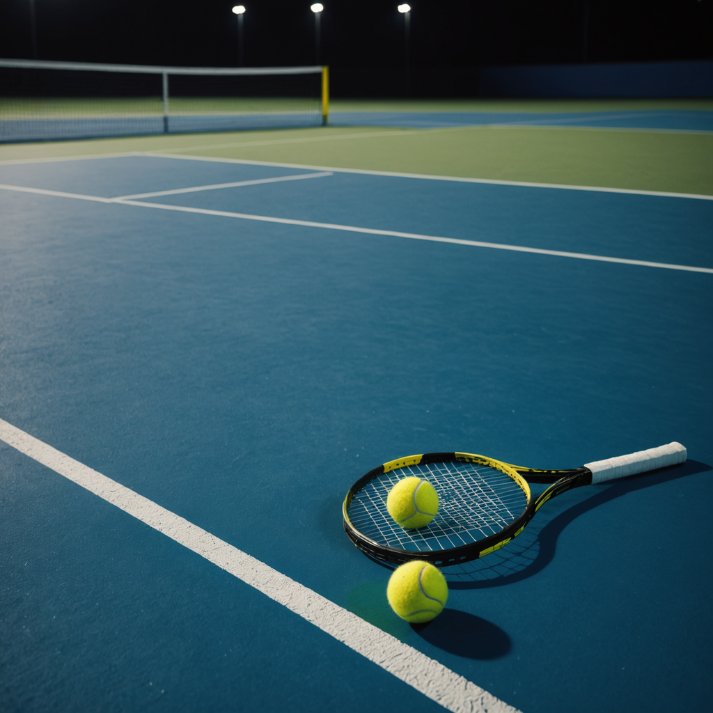 Wide atmospheric photograph of an empty professional tennis stadium at dusk, a single spotlight…