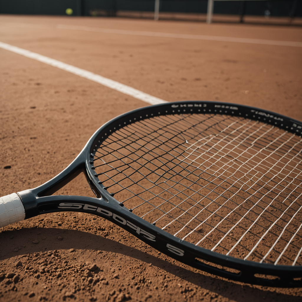 Close-up macro photograph of a professional tennis racquet resting on the clay surface of…