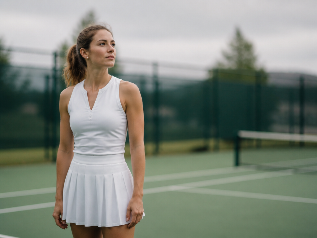 An intimate environmental portrait of a confident female tennis player standing alone on an…