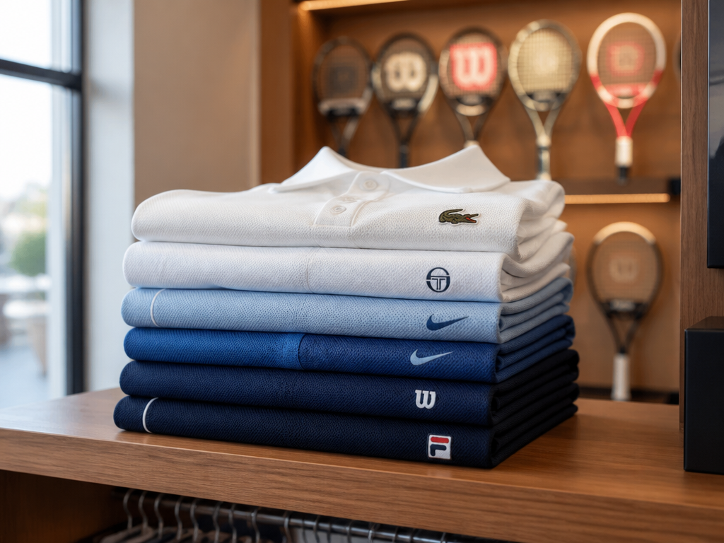 A folded stack of premium tennis apparel resting on a clean wooden retail shelf…